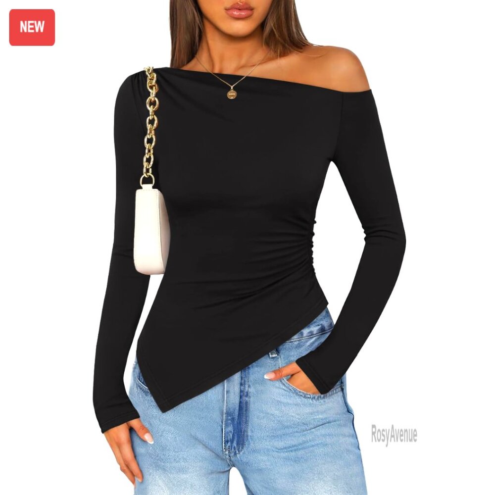 Off Shoulder Long Sleeve Asymmetrical Ruched Slim Fit Top